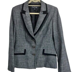 Evan-Picone Blazer  Jacket Womens Size 12 Navy Gray Textured Navy Blue Trim